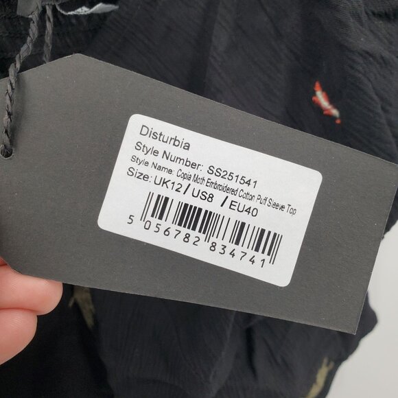 Disturbia Copia Moth Embroidered Cotton Puff Sleeve Top Women Size US 8 NWT - Picture 6 of 14